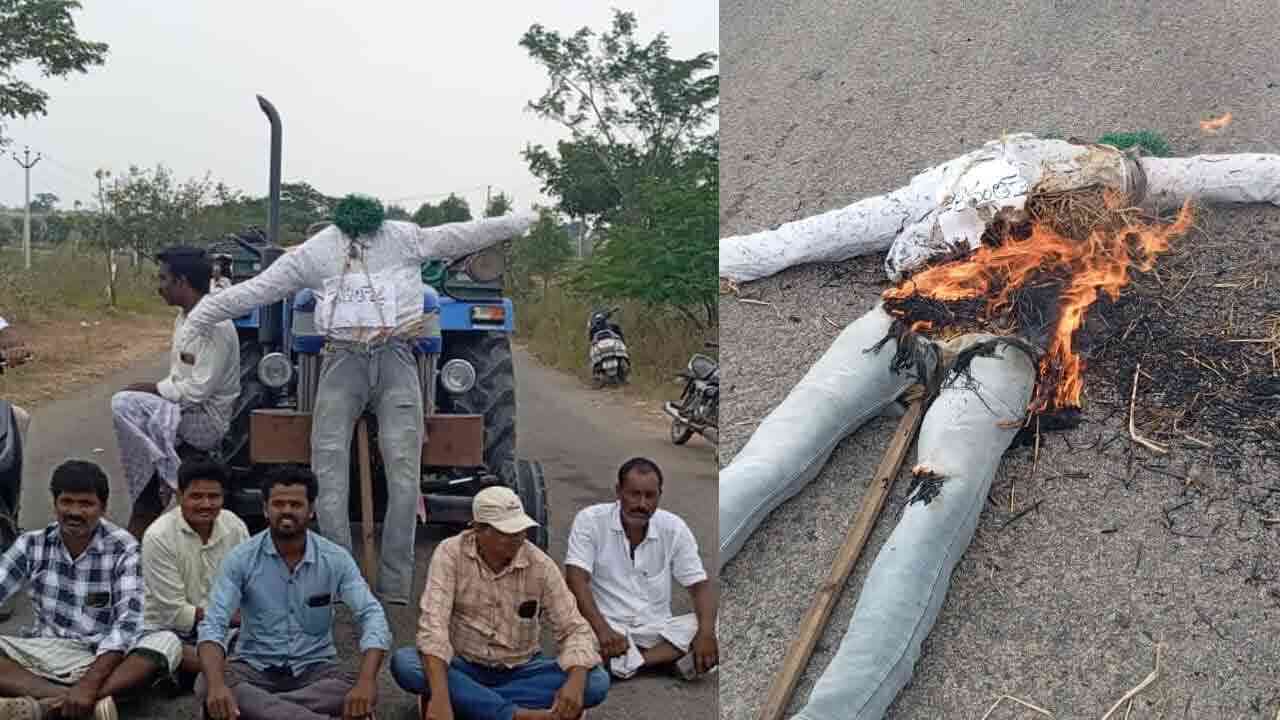 సీఎం రేవంత్ రెడ్డి దిష్టిబొమ్మను ఊరేగించి దగ్ధం చేసిన రైతన్నలు